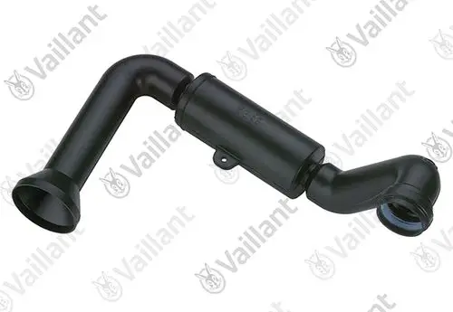 Vaillant Frischluftrohr mit gebogenem Design und mehreren Anschlussmöglichkeiten in schwarzer Ausführung. Geeignet für Luftzufuhr in Heizsystemen.